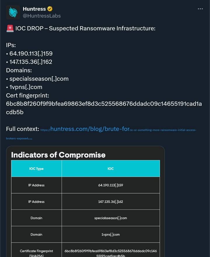Suspected Ransomware Infrastructure

https://www.huntress.com/blog/brute-force-or-something-more-ransomware-initial-access-brokers-exposed