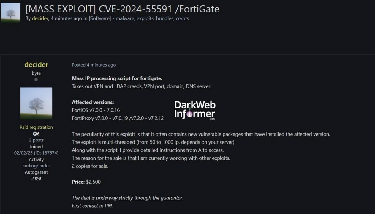 Alleged Sale of Mass Exploit for FortiGate targeting CVE-2024-55591

Cc @DarkWebInformer