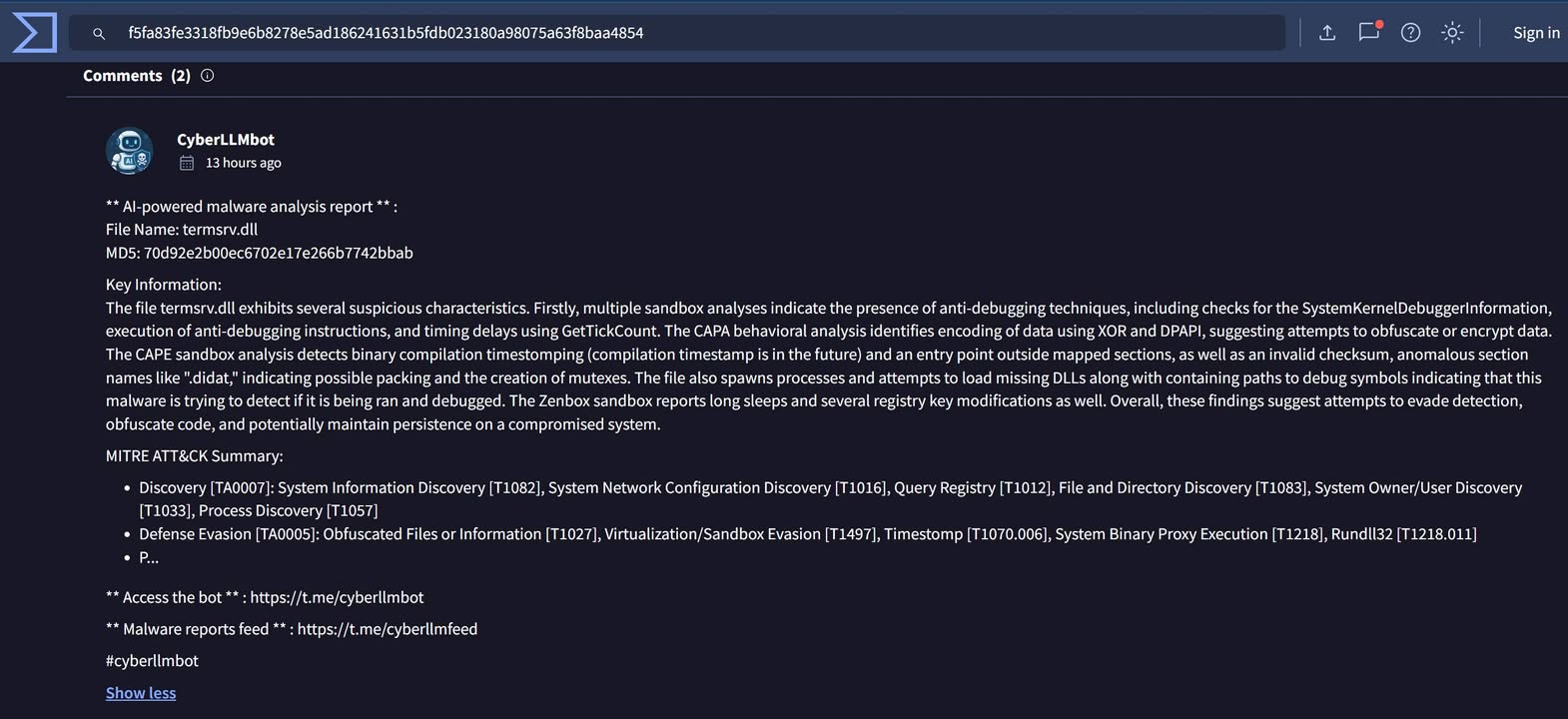 DPRK #Kimsuky or #Lazarus IOC
PebbleDash is a backdoor malware

file name:
termsrv.dll

VT Hash:
f5fa83fe3318fb9e6b8278e5ad186241631b5fdb023180a98075a63f8baa4854

 

https://www.virustotal.com/gui/file/f5fa83fe3318fb9e6b8278e5ad186241631b5fdb023180a98075a63f8baa4854/community